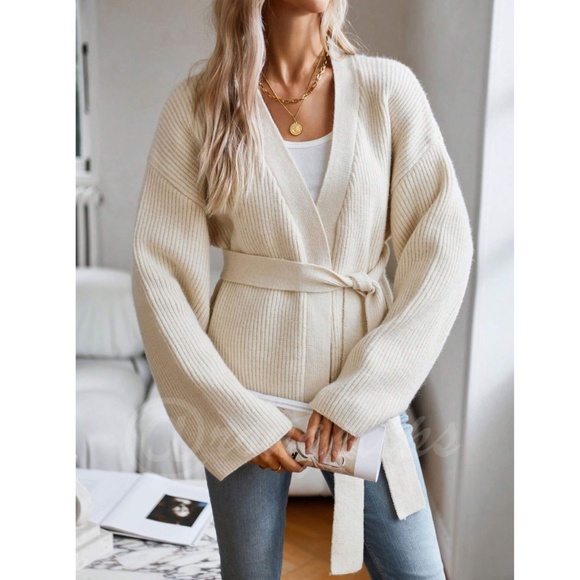 Beige Knit Kimono Sweater Tie Belt Loose Fit Drop Shoulder Wrap - Picture 3 of 7
